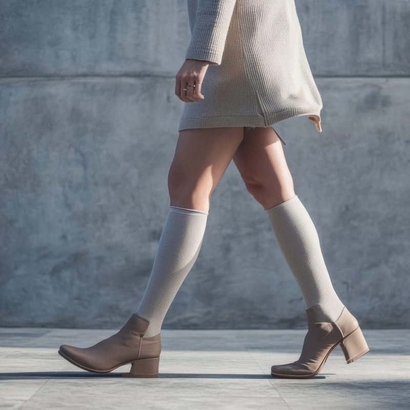 Person in stylish beige outfit walking outdoors with compression socks and heeled ankle boots